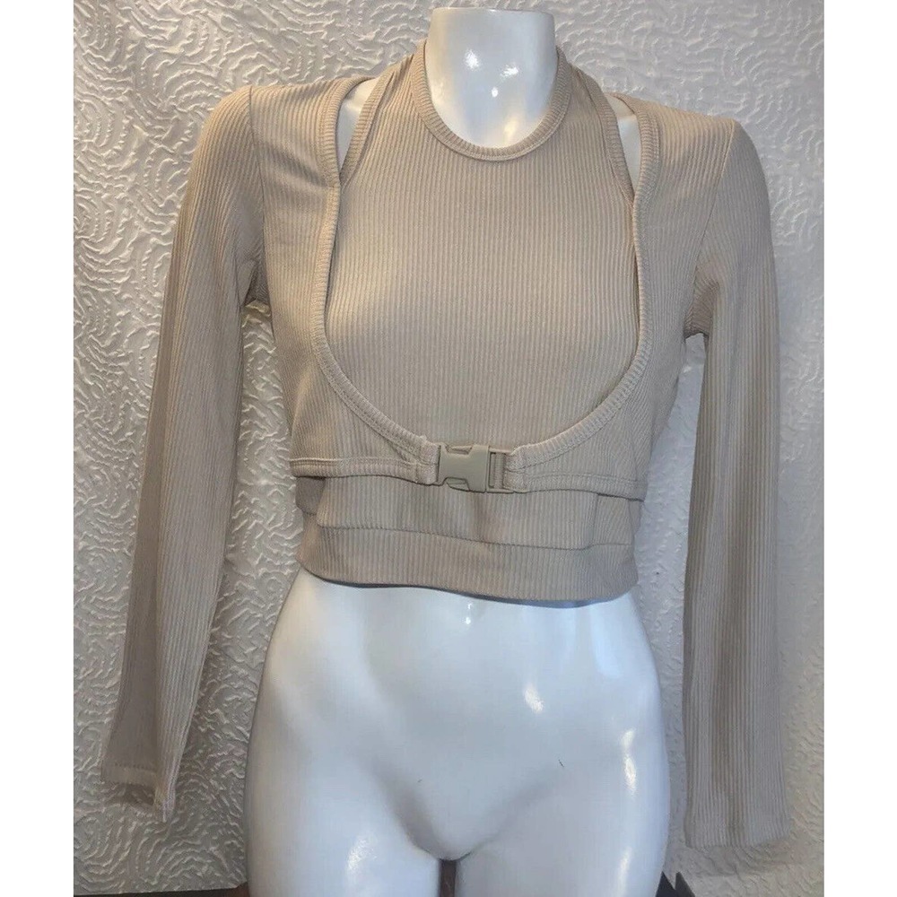 Cider Women’s NWT Long Sleeve Buckle Tan Crop Top Size Medium